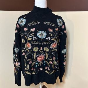 Black floral embroidered mock neck sweater